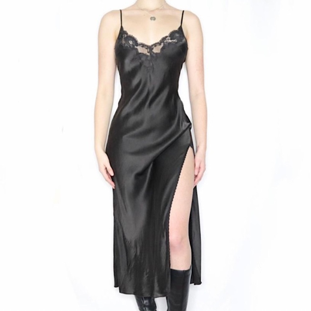 Vintage 90’s Y2K 100% Silk Dress Silk Dress Black Lace Dress Backless Slip Dress - Picture 1 of 6